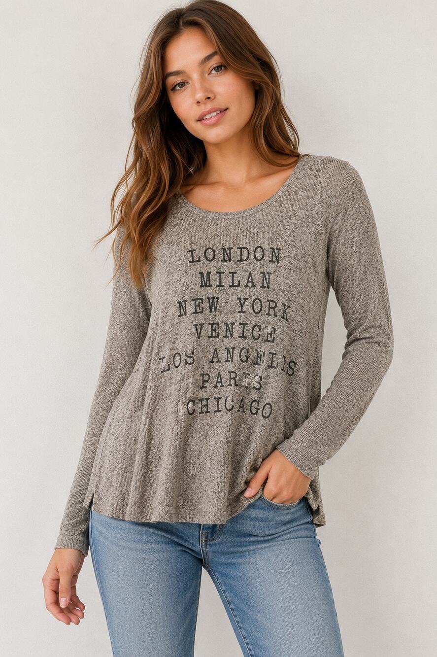 Forever 21 thermal long sleeve trapeze travel printed shirt gray